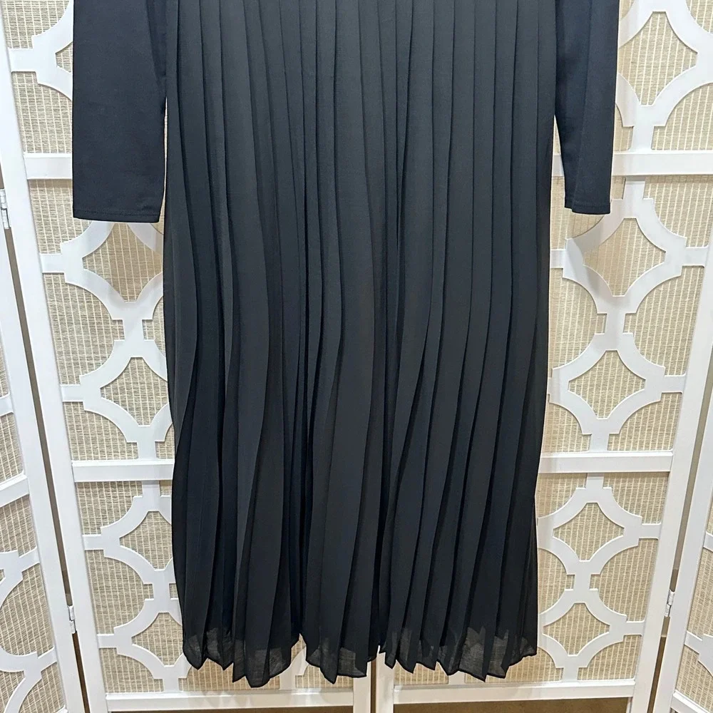 J.Crew Pleated Maxi Dress Women L Black Long Sleeve Scoop Neck Modest Minimalist
